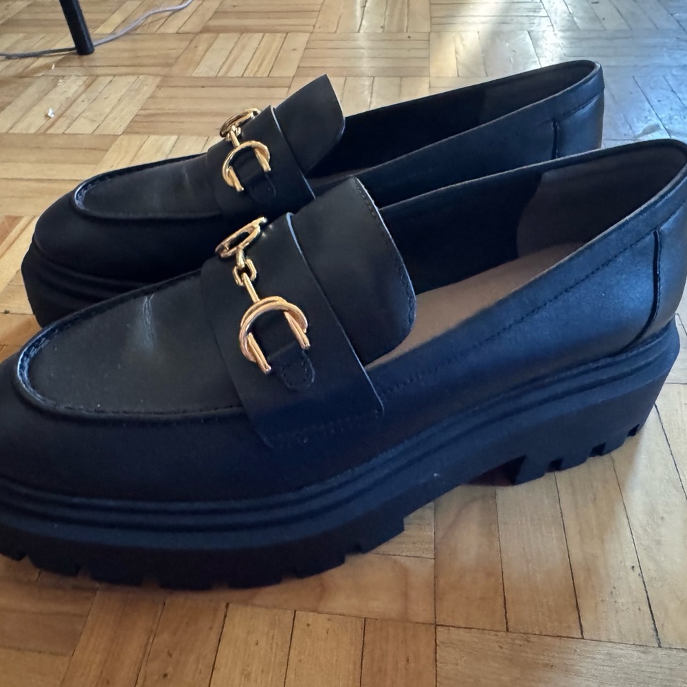 New Staurt weitzman/SW Black leather chunky loafers with Classic Slip-On Design